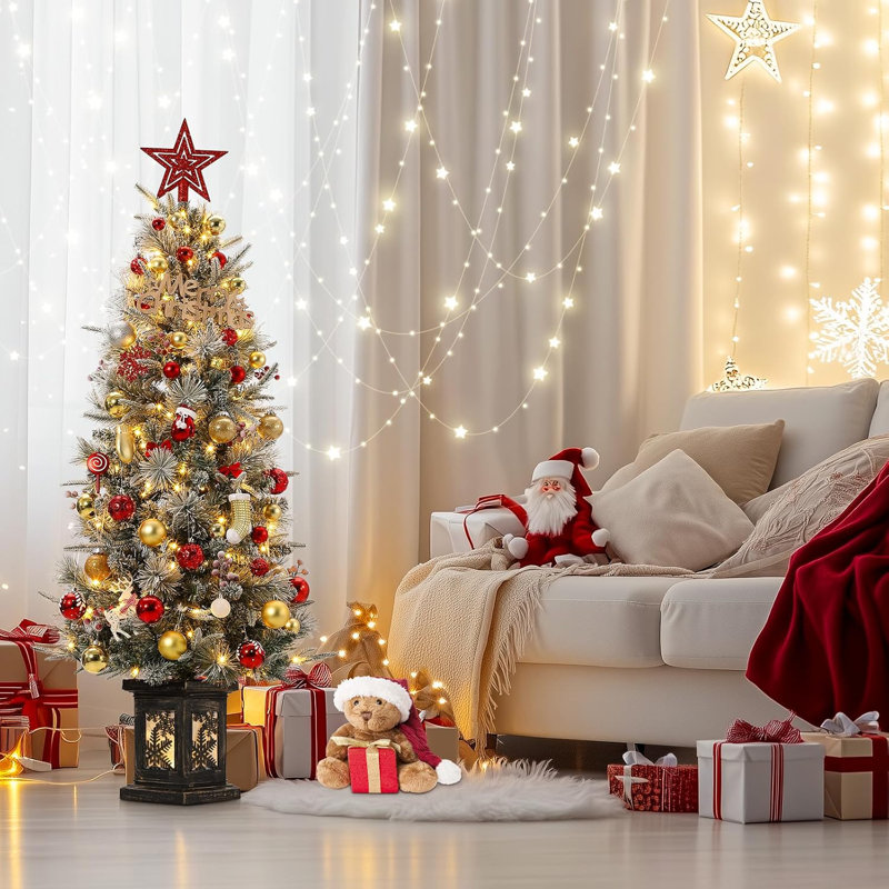 The Holiday Aisle 4.5 FT Prelit Premium Snow Flocked Artificial Christmas Tree With 8 Mode Warm White LED Mini Prelit Xmas Pine Tree For Christmas Decoration Yard Home Office Outdoor Indoor Black Base...